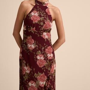 Lulus Elegant Entrance Wine Red Floral Print Halter Maxi Dress - Size Large
